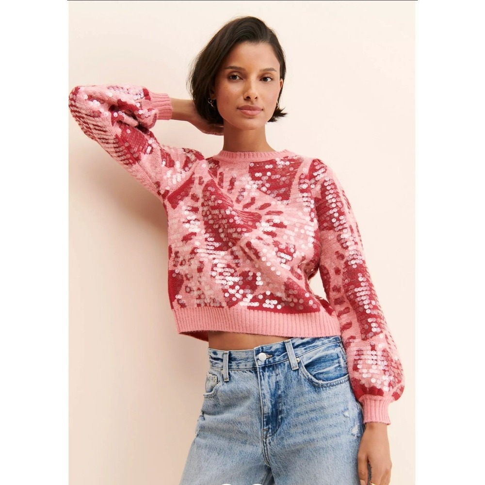 Farm Rio Sequin‎ Hearts Knit Sweater Small Pink Red Wool Blend Love Puff Sleeves